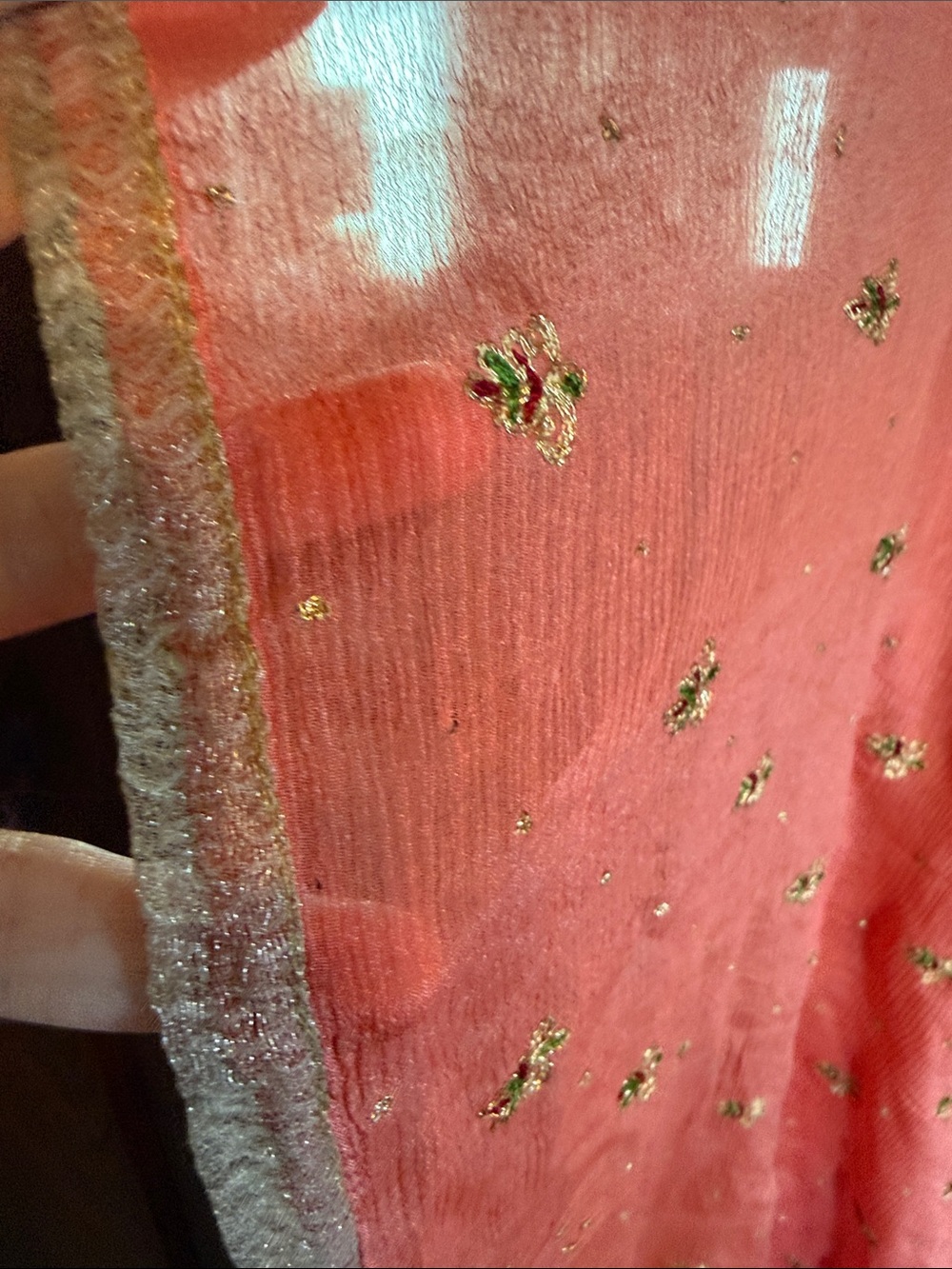 Coral Pink Embroidered Dupatta Scarf Gold Lace Trim Sheer Floral Ethnic Wrap - Picture 3 of 5